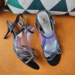 B BAKERS Black Satin Mallorie Sandals with Rhinestone Embellishments Sz 8.5B